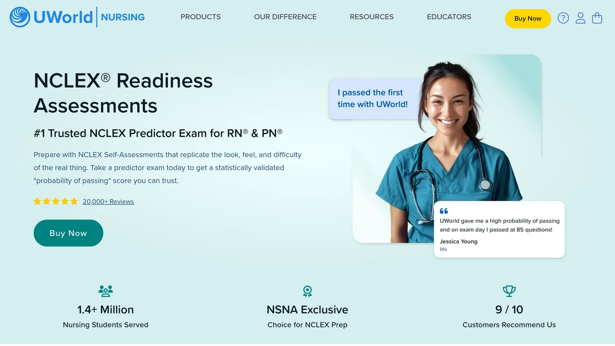 UWorld NCLEX Readiness Assessments product page showing the headline NCLEX Readiness Assessments, the subheading number 1 Trusted NCLEX Predictor Exam for RN and PN, a 20,000 plus reviews rating and the Buy Now call to action