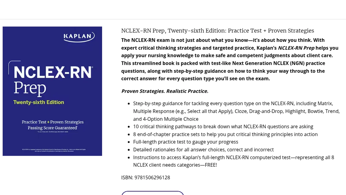 Kaplan's own NCLEX-RN Review Books page showing the Twenty-sixth Edition cover with Passing Score Guaranteed, the ISBN 9781506296128 and the six feature bullets