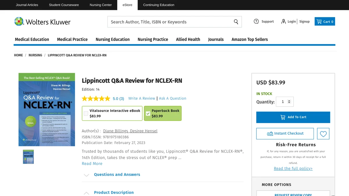 Wolters Kluwer store page for Lippincott Q and A Review for NCLEX-RN showing Edition 14, ISBN 9781975180386, a February 27 2023 publication date, and both the paperback and eBook at 83 dollars 99