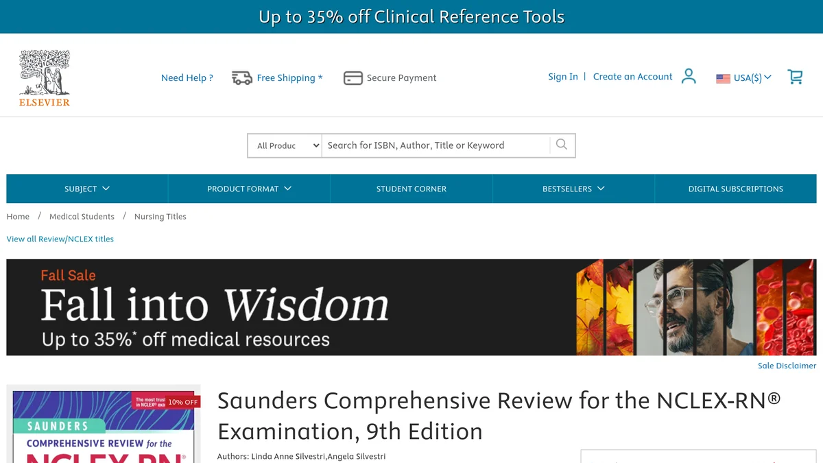 Elsevier's own product page for Saunders Comprehensive Review for the NCLEX-RN Examination, 9th Edition, showing the cover, the authors Linda Anne Silvestri and Angela Silvestri, and a $75.99 list price marked down to $68.39 with the book in stock
