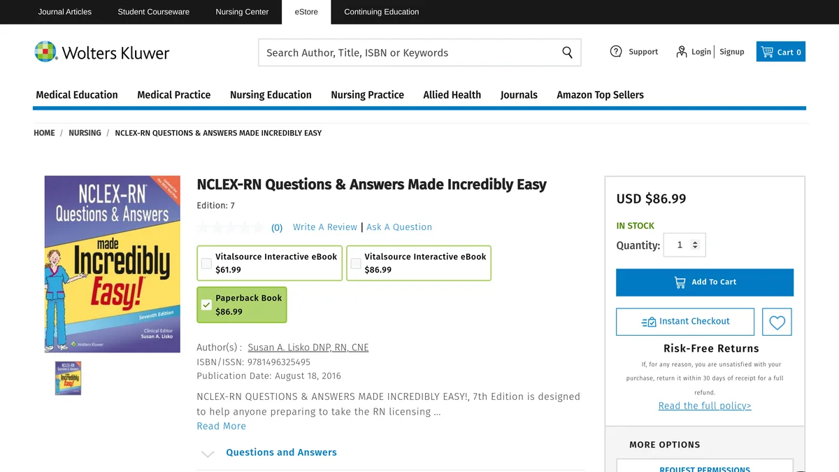 Wolters Kluwer eStore page for NCLEX-RN Questions and Answers Made Incredibly Easy showing Edition 7, ISBN 9781496325495, a publication date of August 18 2016, and three formats at 86 dollars 99, 86 dollars 99 and 61 dollars 99