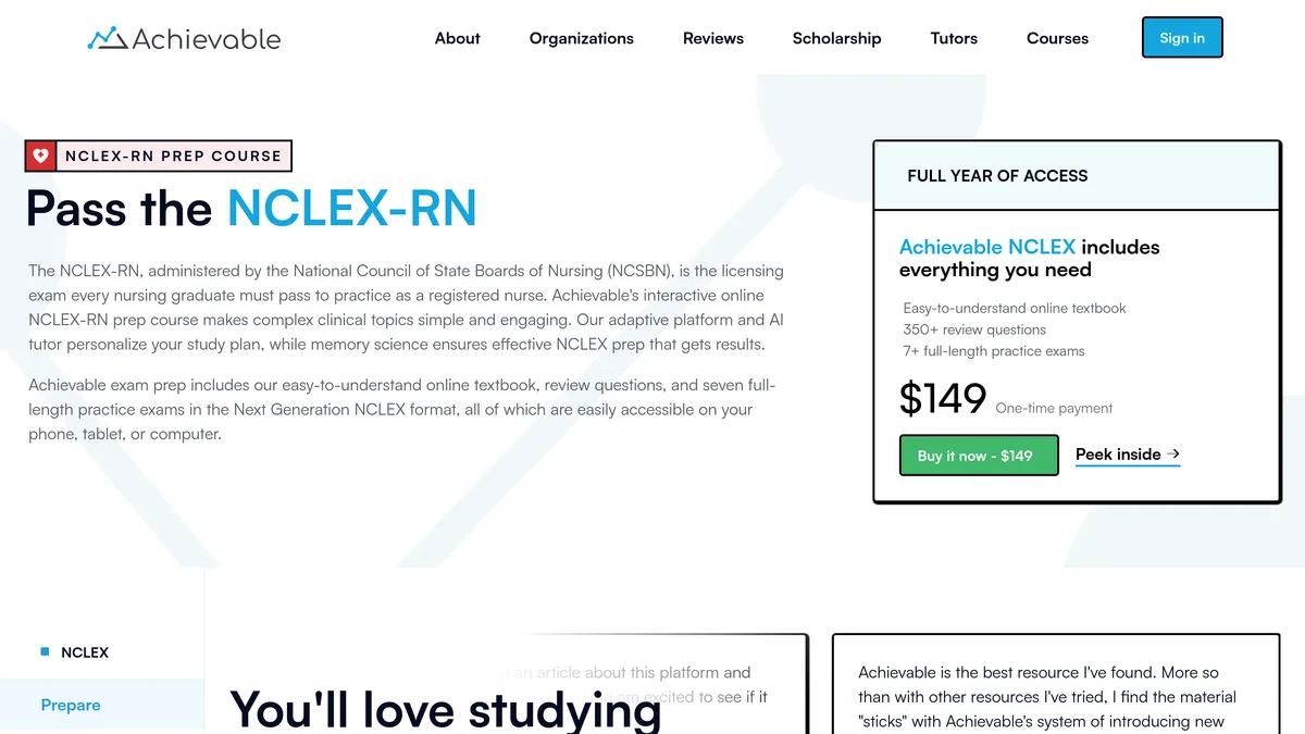 Achievable NCLEX-RN Prep Course page showing the Pass the NCLEX-RN headline beside a Full Year of Access card listing an online textbook, 350 plus review questions and 7 plus full-length practice exams at $149 one-time payment