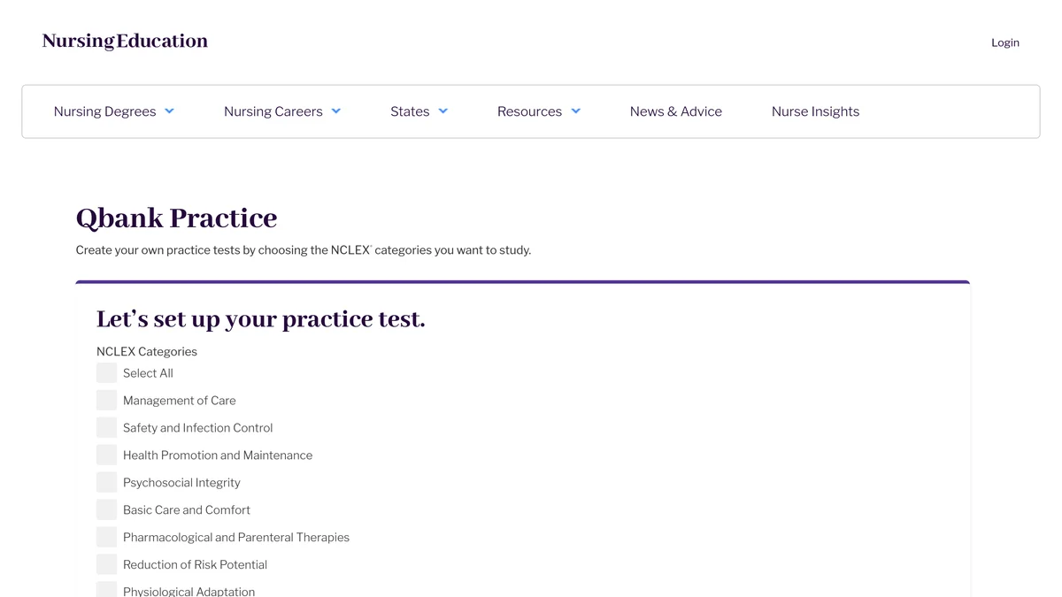 NursingEducation.org Qbank Practice page showing the test setup screen with checkboxes for the eight NCLEX categories, a Questions Available counter, and a Number of Questions field
