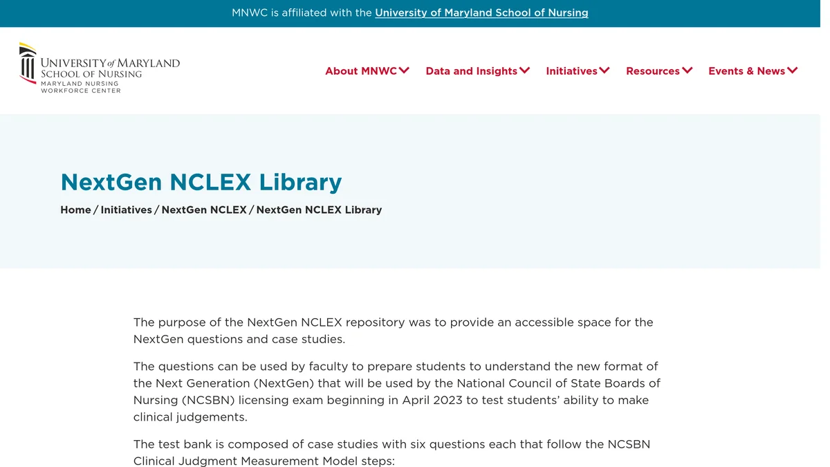 The University of Maryland NextGen NCLEX Library page, showing the project description and the six NCSBN Clinical Judgment Measurement Model steps that each case study follows