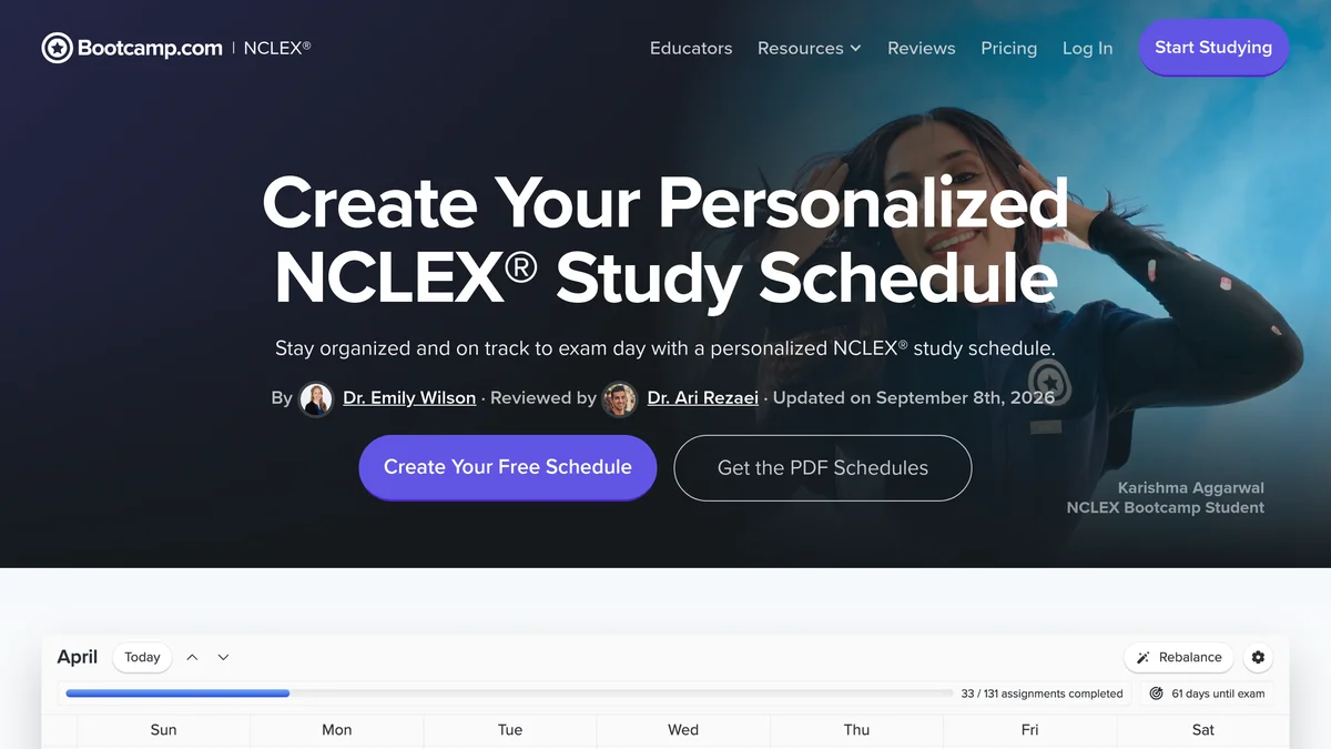 The Bootcamp.com NCLEX study schedule page, headed Create Your Personalized NCLEX Study Schedule, with buttons for Create Your Free Schedule and Get the PDF Schedules above a monthly calendar view showing 33 of 131 assignments completed and 61 days until exam