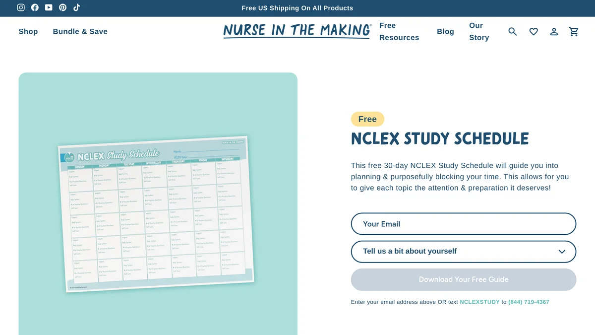 The NurseInTheMaking NCLEX Study Schedule product page, showing the calendar itself on a teal background with SUNDAY through SATURDAY column headers and five rows of empty cells, beside a Free badge, an email field, a Tell us a bit about yourself dropdown, a Download Your Free Guide button, and the line Enter your email address above OR text NCLEXSTUDY to (844) 719-4367
