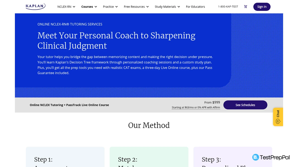 Kaplan NCLEX-RN tutoring page headlined Meet Your Personal Coach to Sharpening Clinical Judgment, with a purchase bar reading Online NCLEX Tutoring plus PassTrack Live Online Course, From $999, and financing from $63 a month at 0 percent APR with Affirm