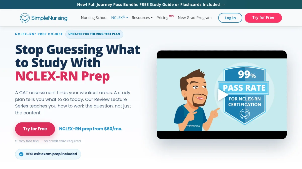 SimpleNursing NCLEX-RN prep course landing page showing the CAT assessment pitch, the free trial, and NCLEX-RN prep from $60 per month