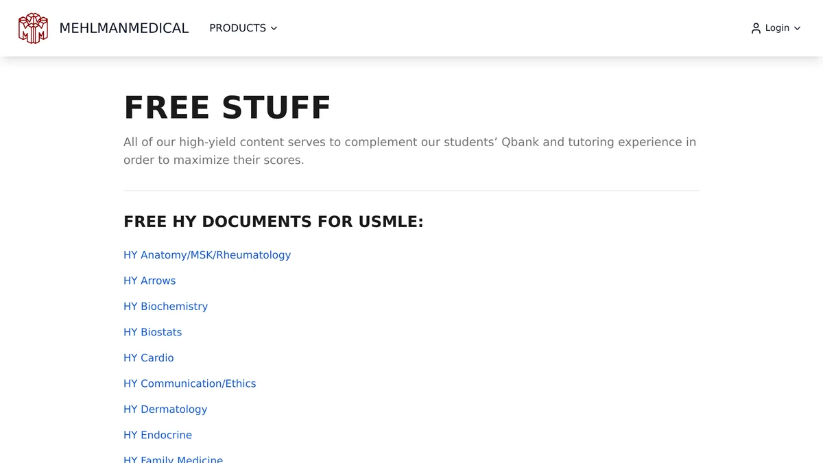 The Mehlman Medical free-stuff portal listing the free HY documents