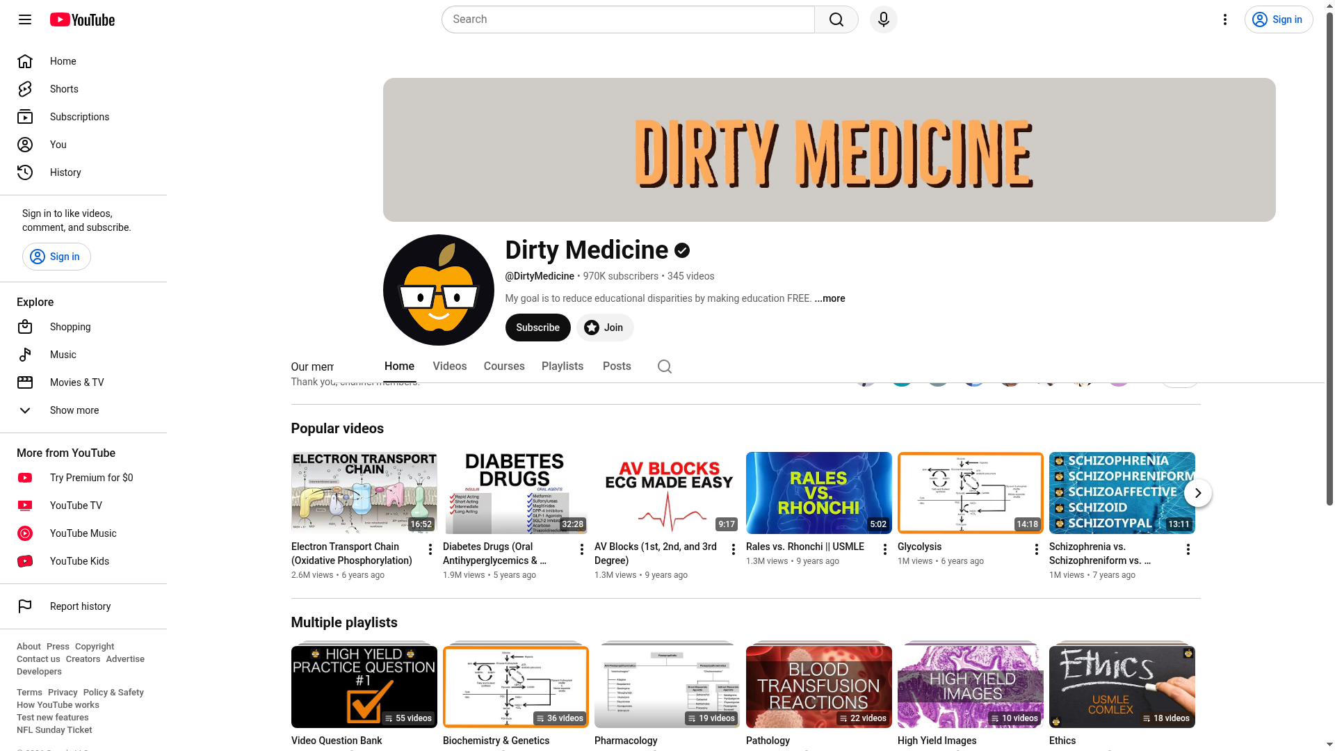 The Dirty Medicine YouTube channel page
