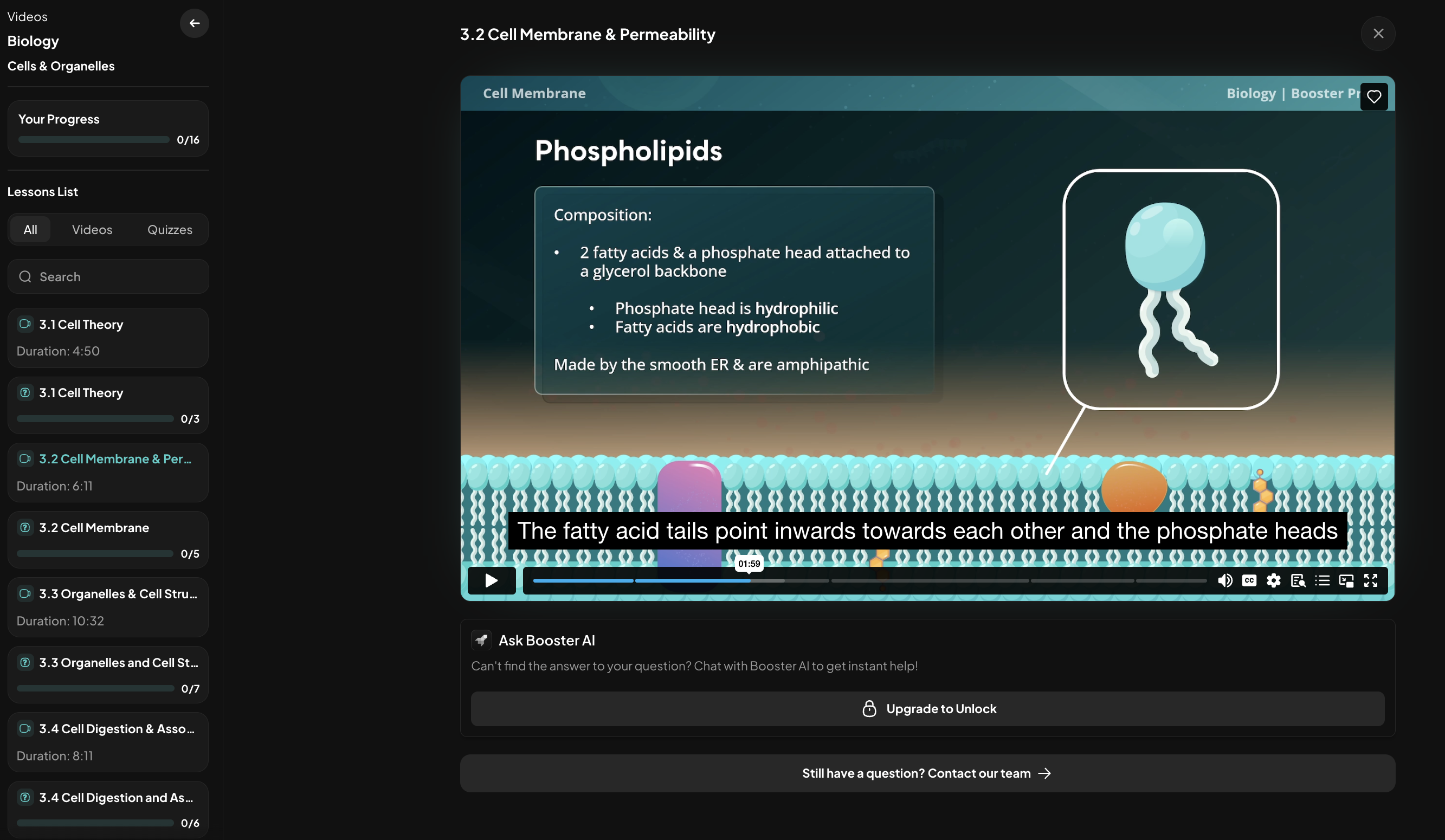 OAT Booster biology video lesson interface showing cell membrane and phospholipids